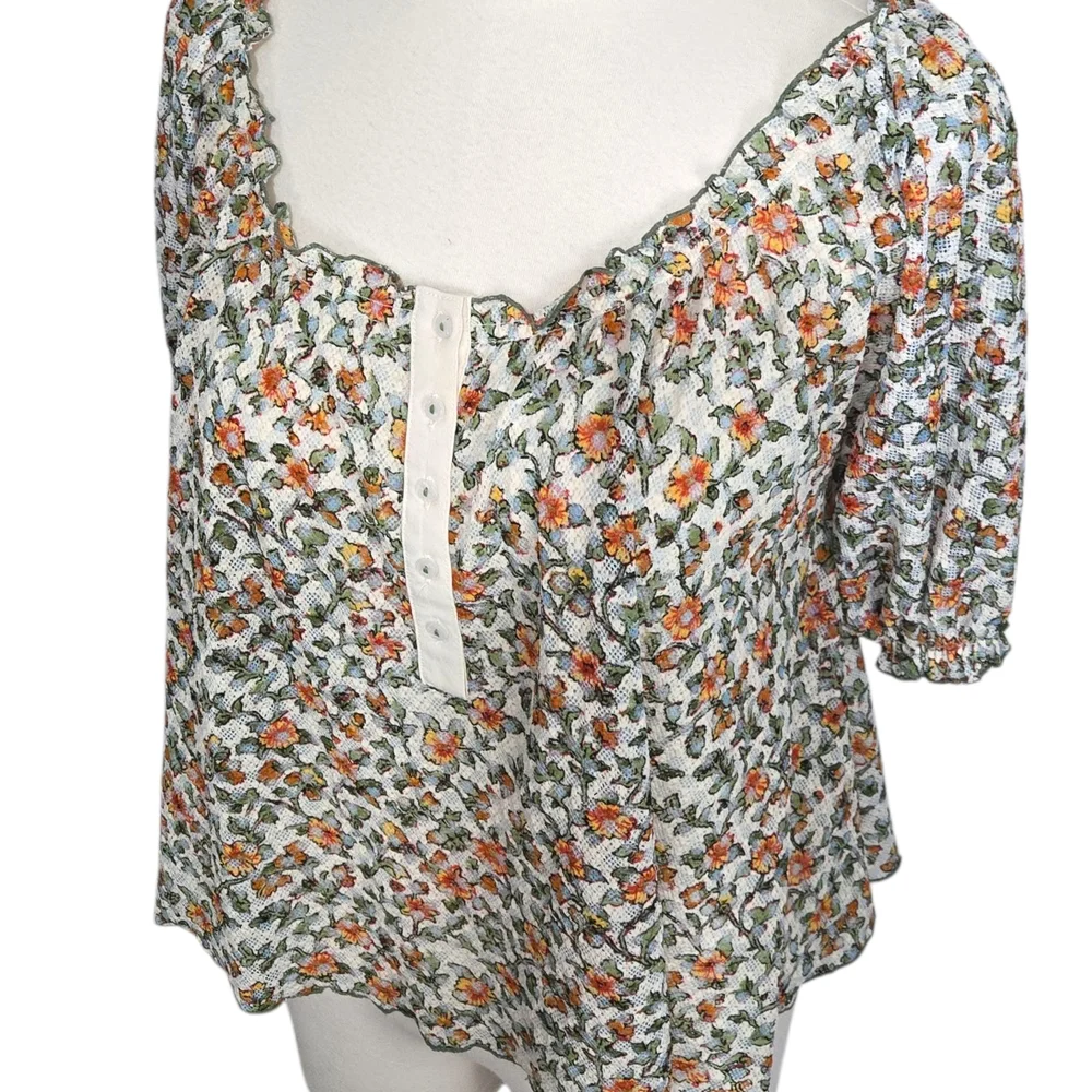 Women’s Floral Peasant Top - Cream with Orange & Green